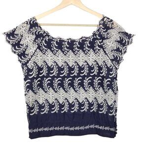 Vanessa Virginia 4‎ Blue White Eyelet Blouse Wideneck Cap Sleeves Boho Cottage